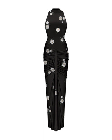 Ivy, maxi dress made of black biflex with floral print