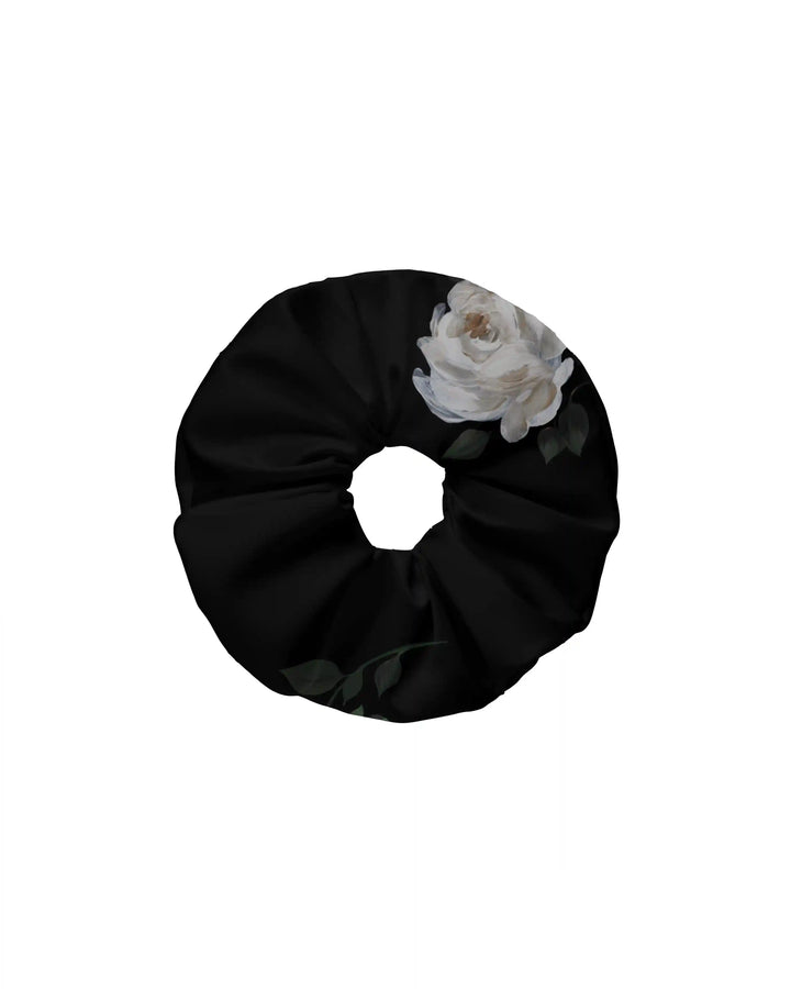 Bruna, hair tie made of black satin with floral print
