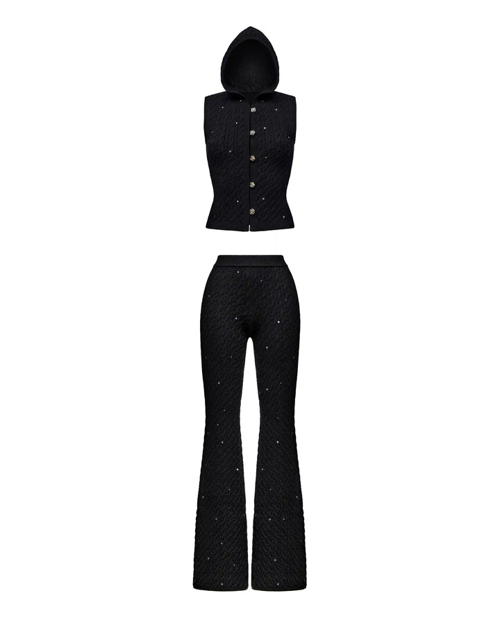 Hope-Queenie, knitted set with pants made of black viscose with rhinestones