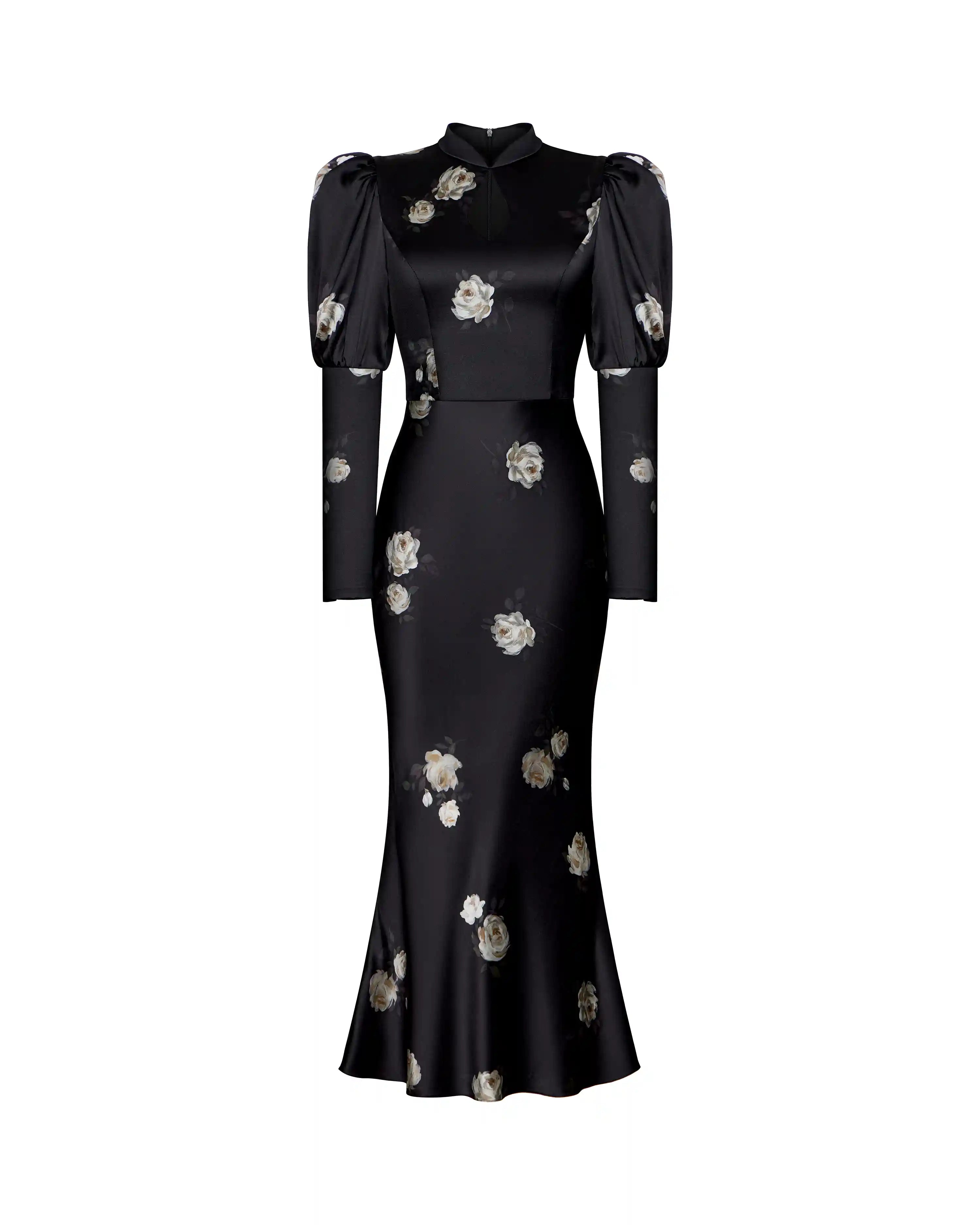 Giannetta midi, midi dress made of black satin with floral print