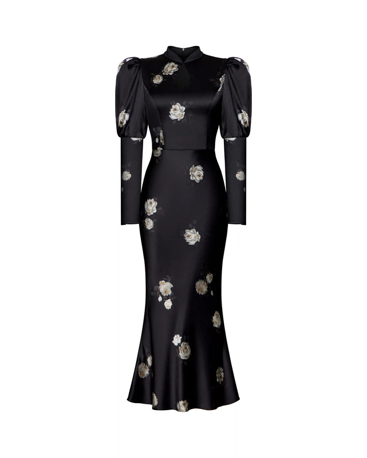 Giannetta midi, midi dress made of black satin with floral print