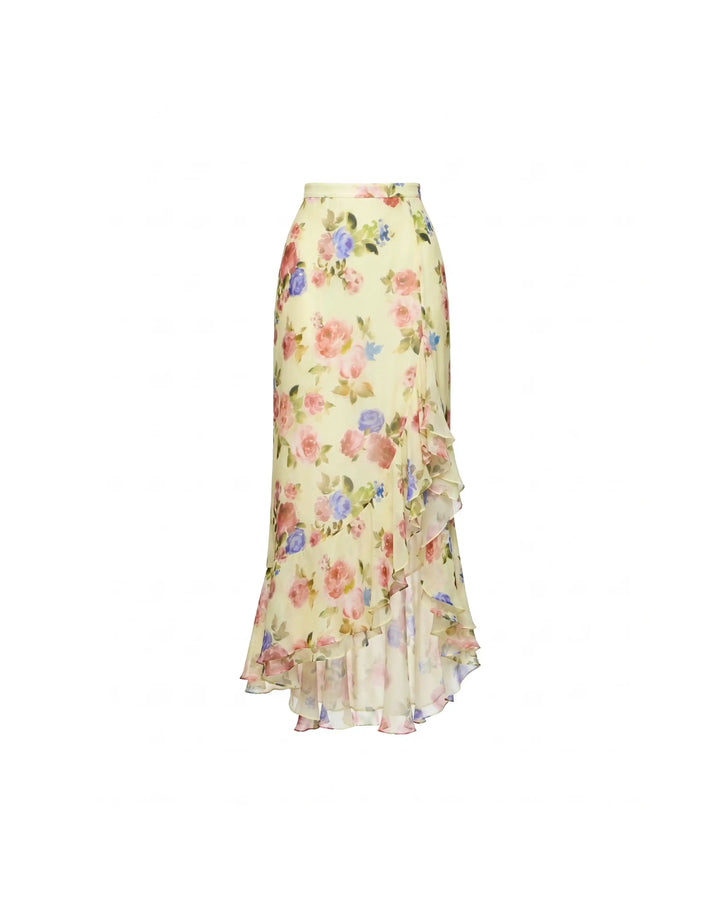 Carmen, midi skirt in pale yellow chiffon with a floral print