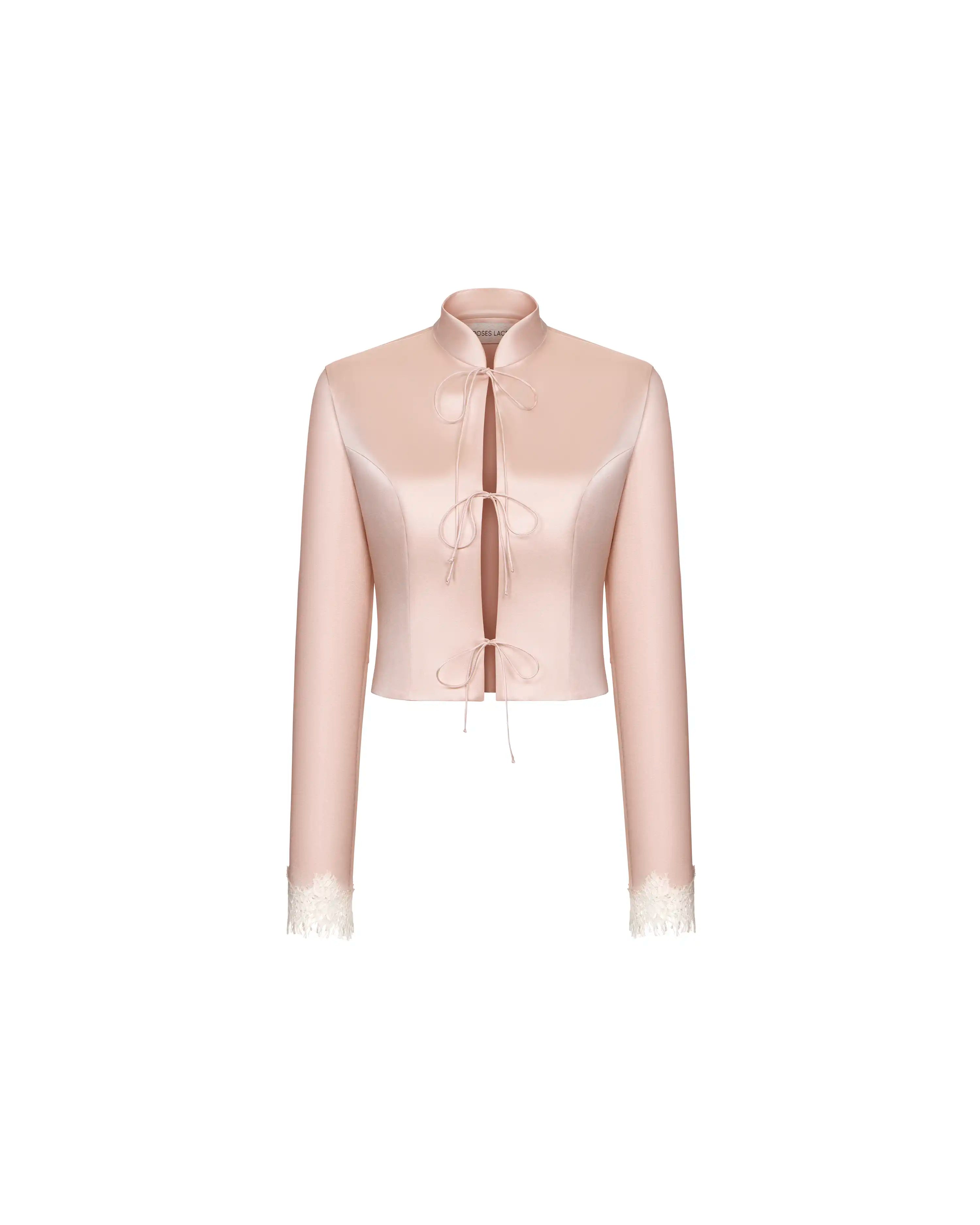 Chona, jacket in powder pink satin with lace trim