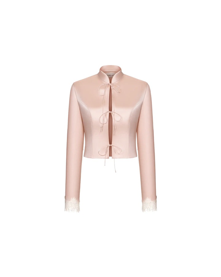 Chona, jacket in powder pink satin with lace trim