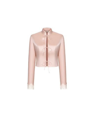 Chona, jacket in powder pink satin with lace trim