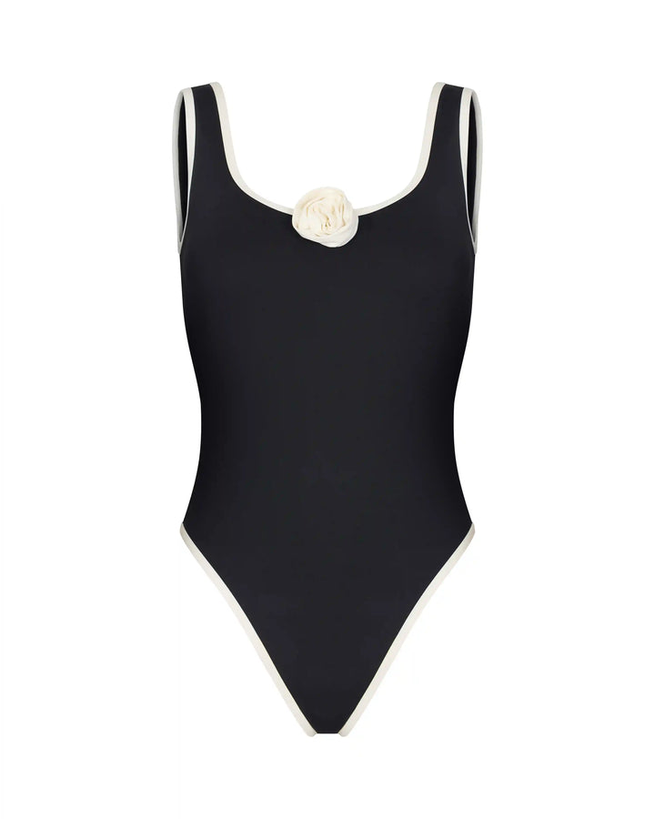 Sarah&Samantha, set of one-piece black swimsuit and a skirt made of biflex with a rose