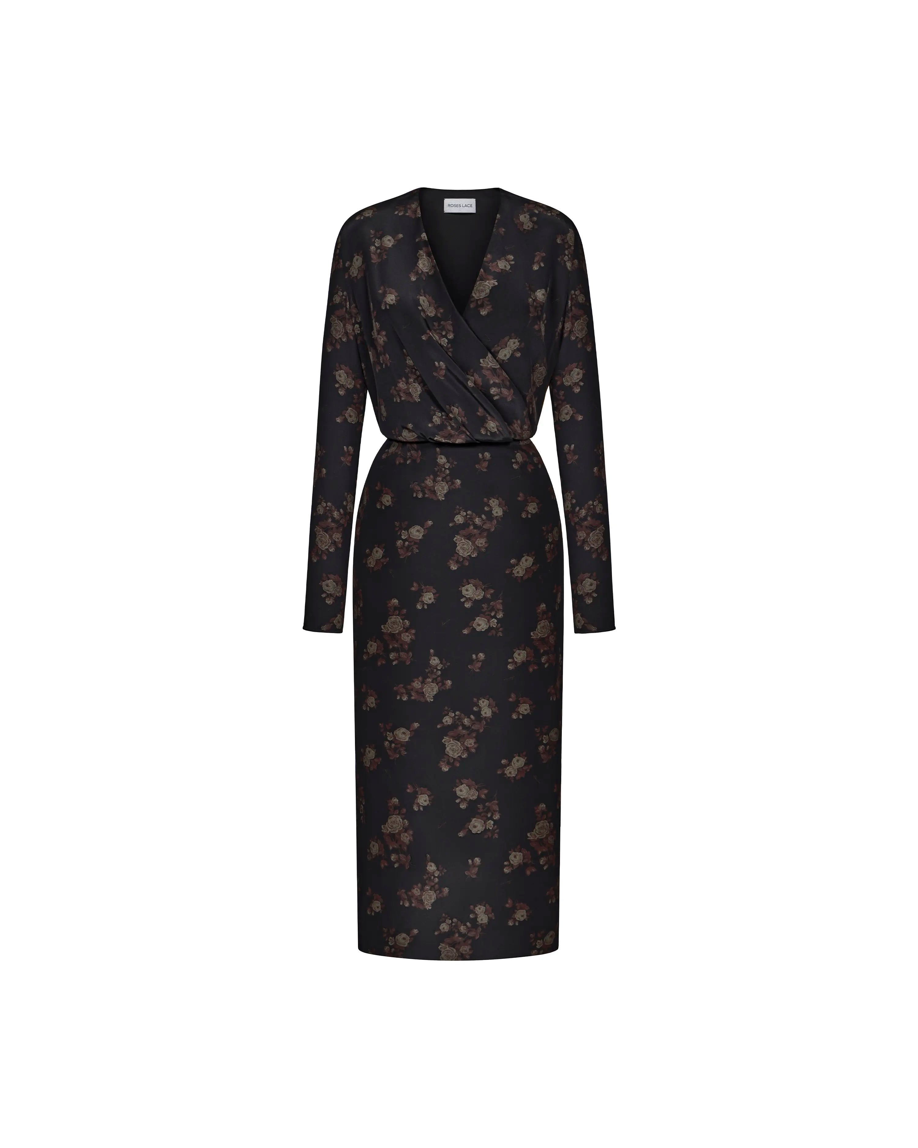 Lima midi, black crepe de chine midi dress with brown flowers