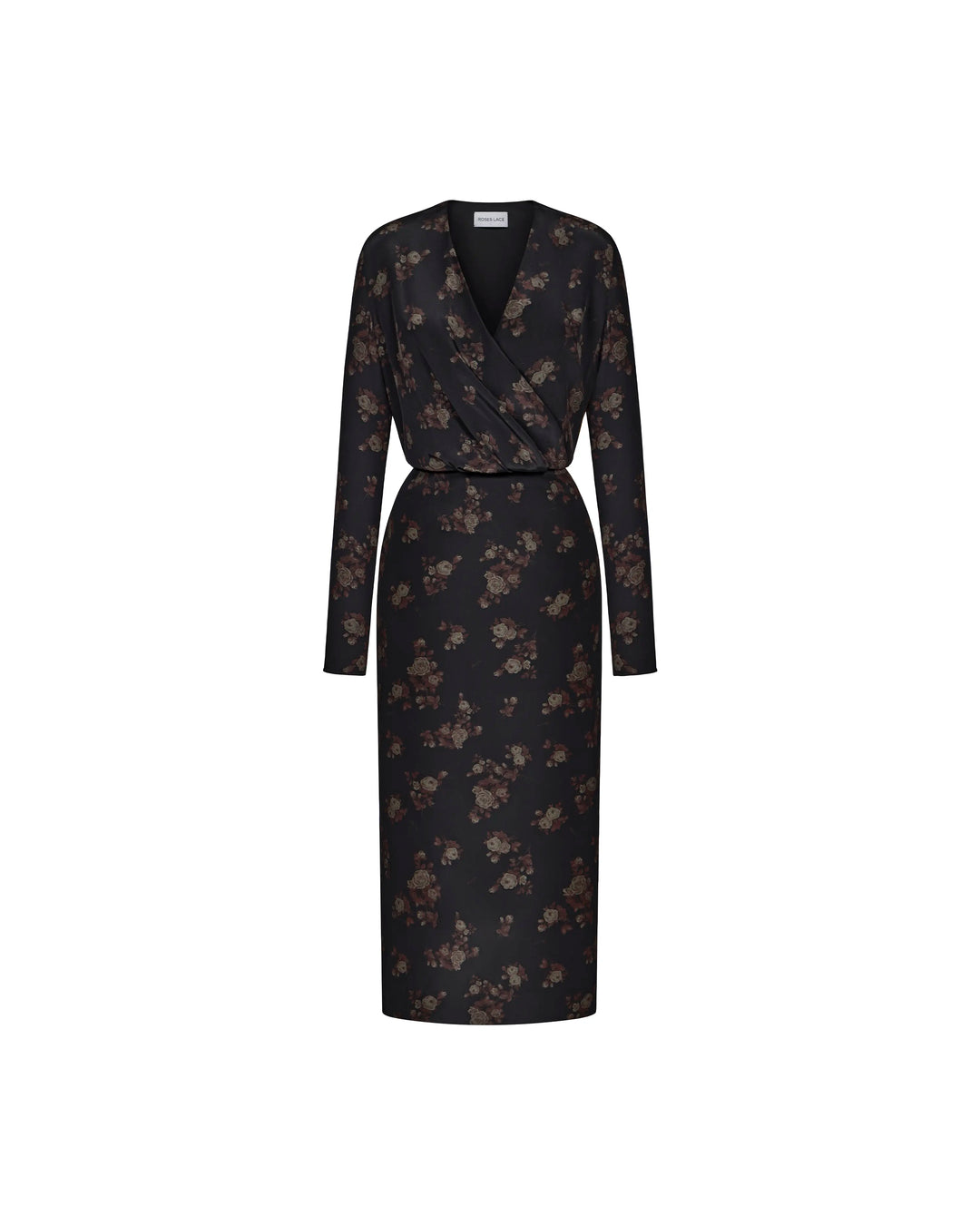 Lima midi, black crepe de chine midi dress with brown flowers