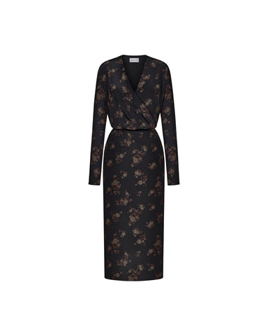 Lima midi, black crepe de chine midi dress with brown flowers