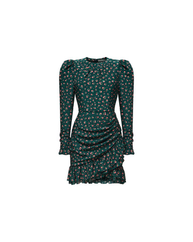 Charlotte mini, green crepe de chine mini dress with small pink flowers