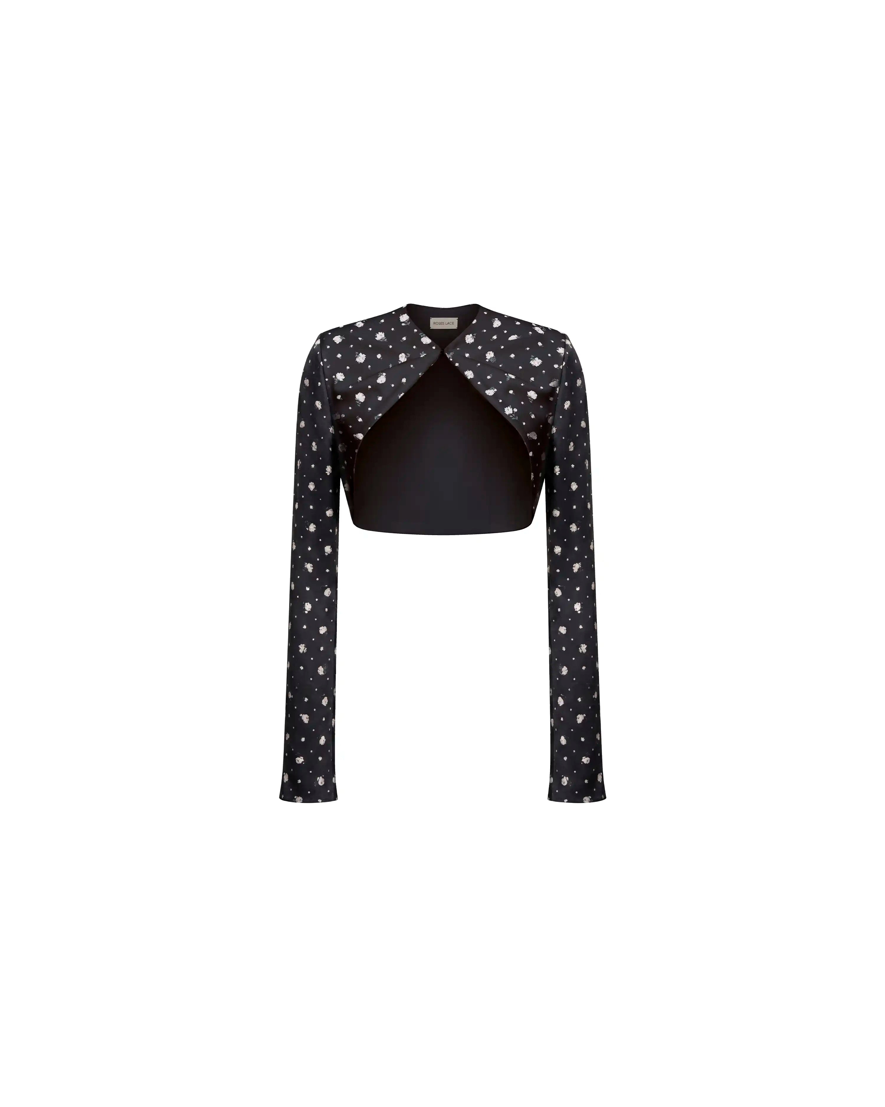 Cherry, jacket in black satin with a floral print