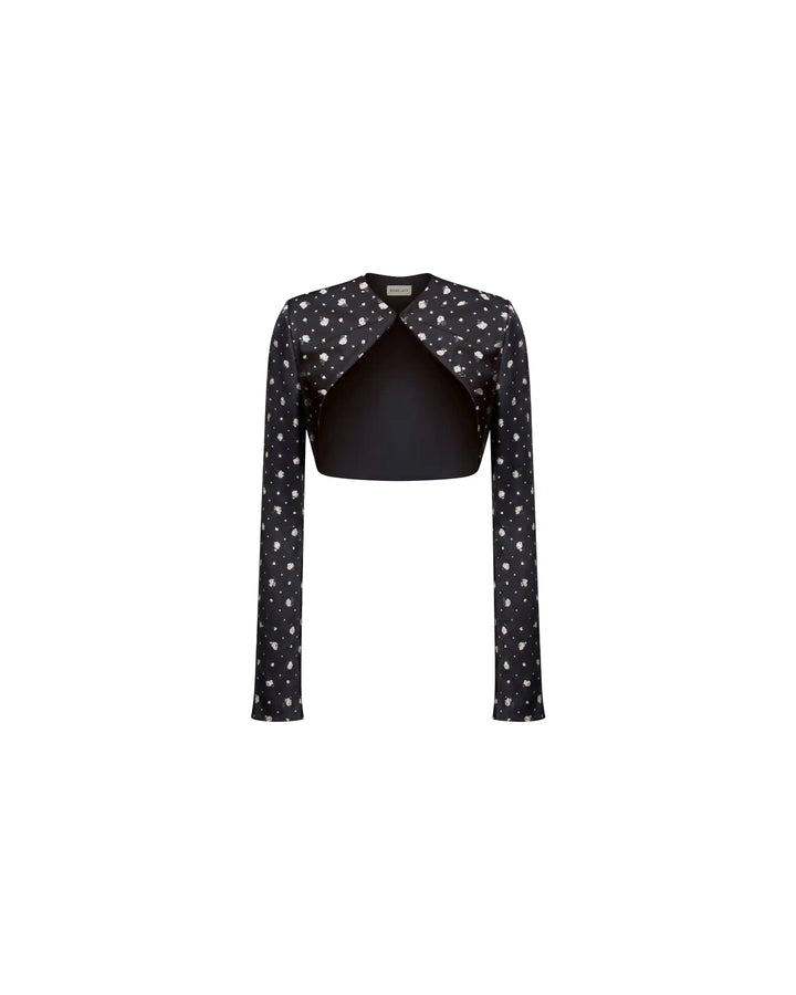 Cherry, jacket in black satin with a floral print