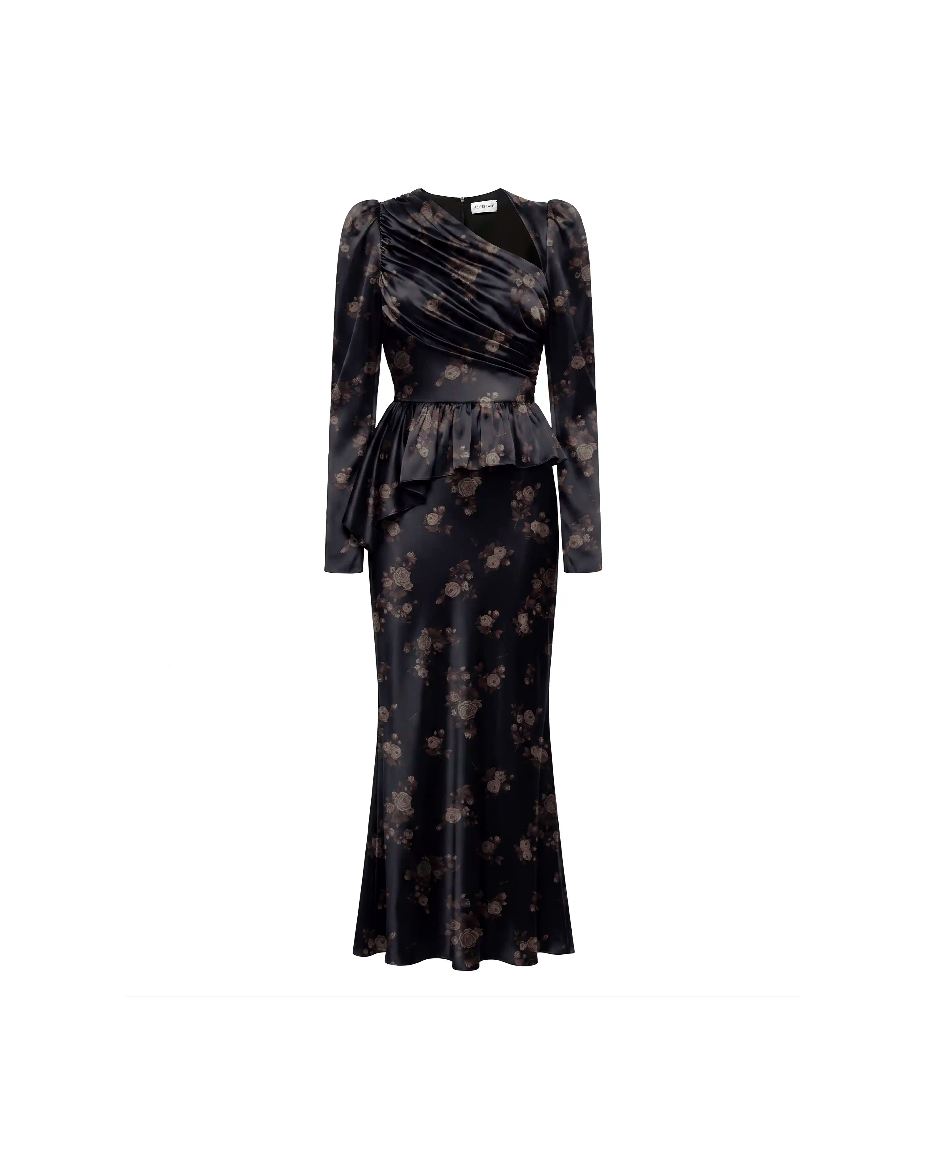Fionella midi, black satin midi dress with brown flowers