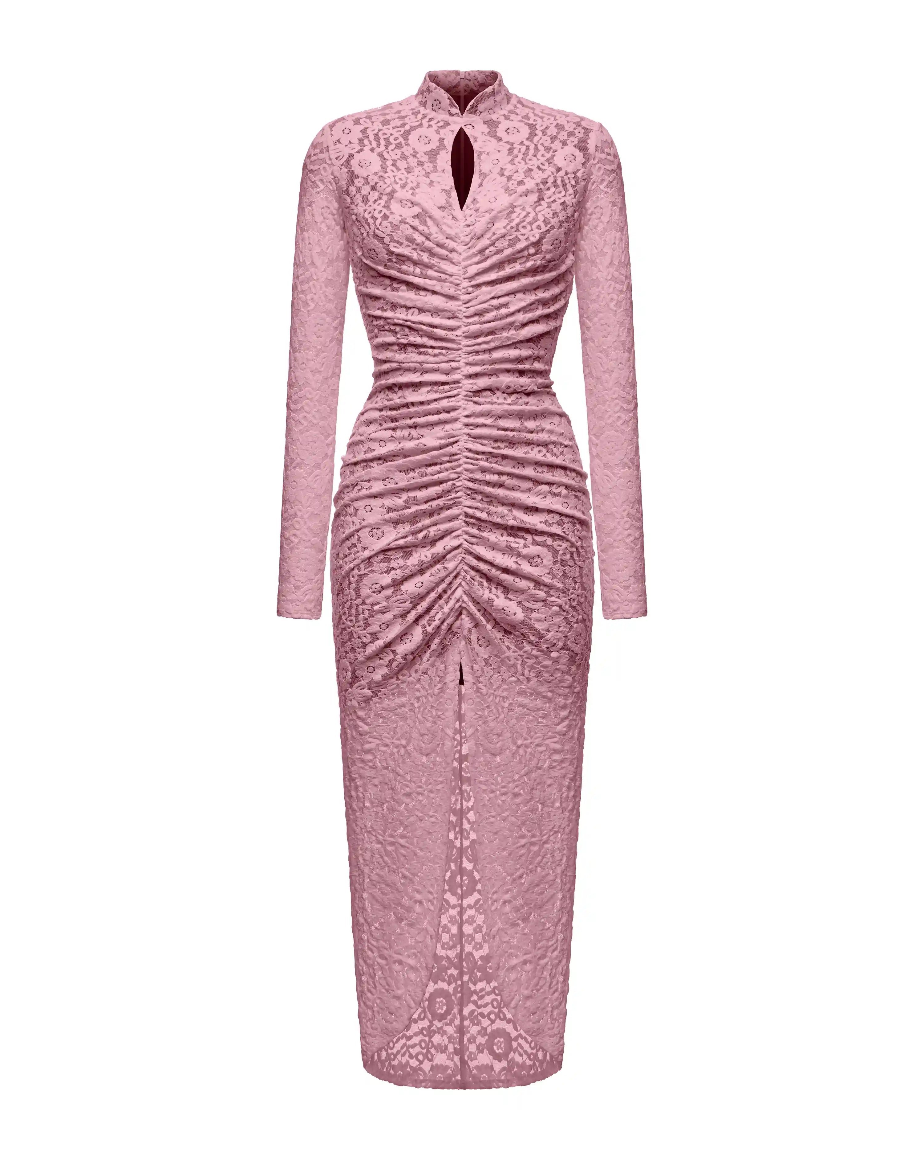 Amandina midi, light pink lace midi dress with long sleeves
