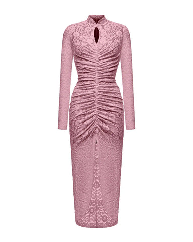 Amandina midi, light pink lace midi dress with long sleeves