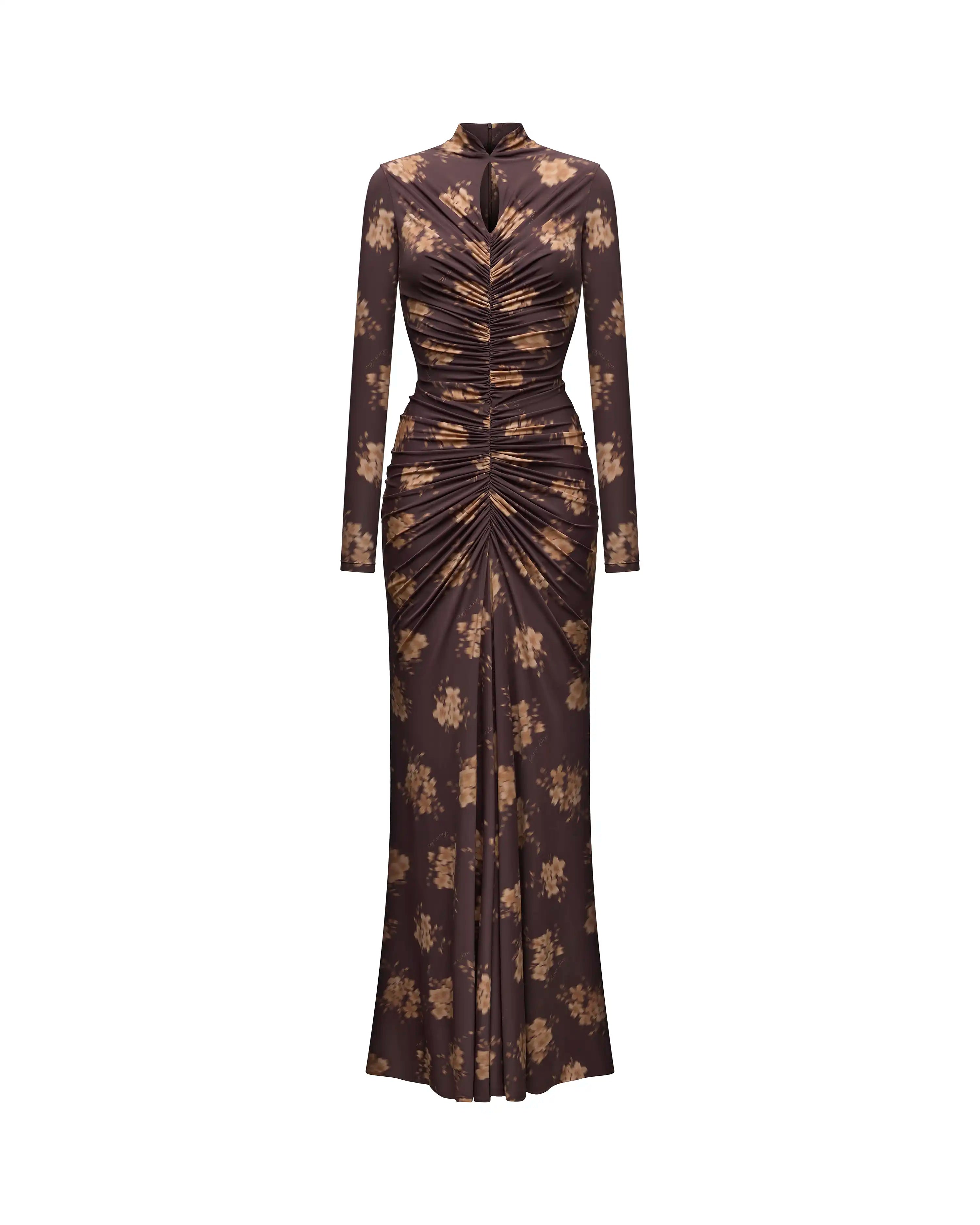 Madiya maxi, chocolate biflex maxi dress with beige flowers