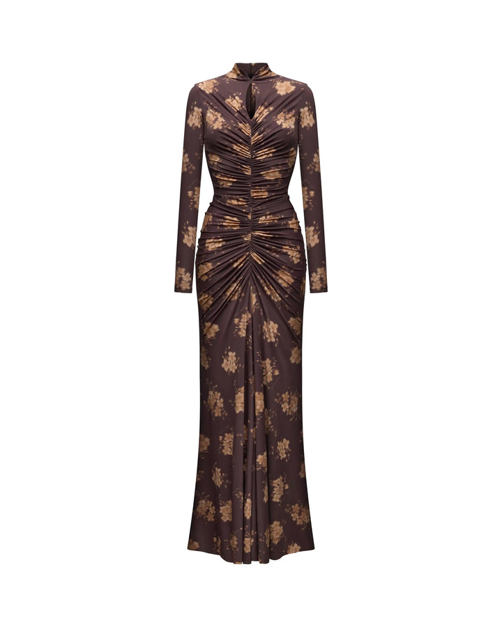 Madiya maxi, chocolate biflex maxi dress with beige flowers