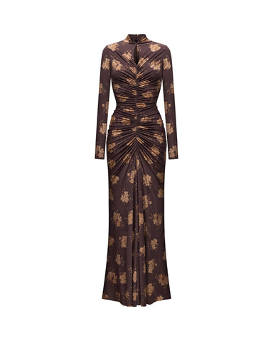 Madiya maxi, chocolate biflex maxi dress with beige flowers