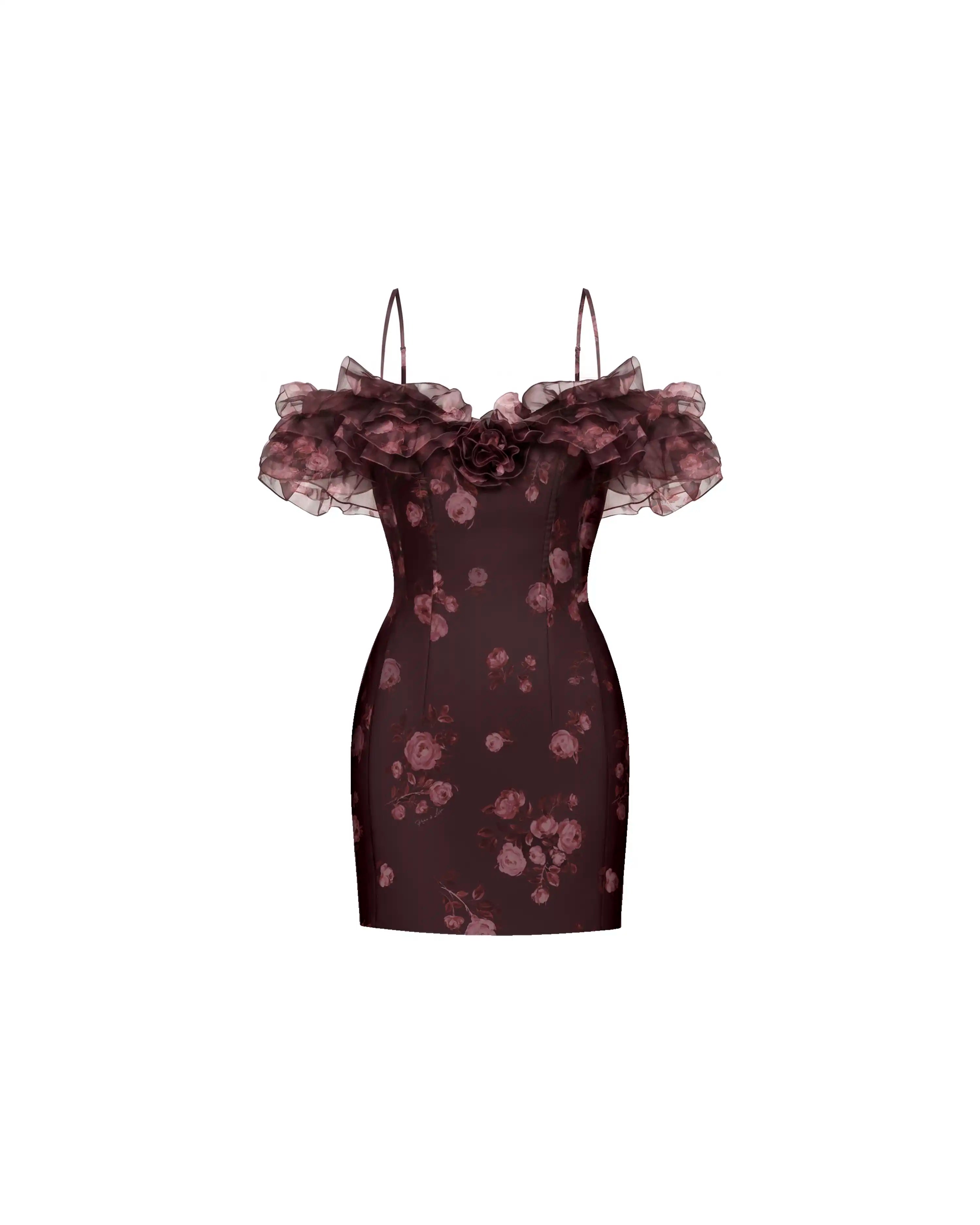 May mini, burgundy organza mini dress with floral print, ruffles, and a rose