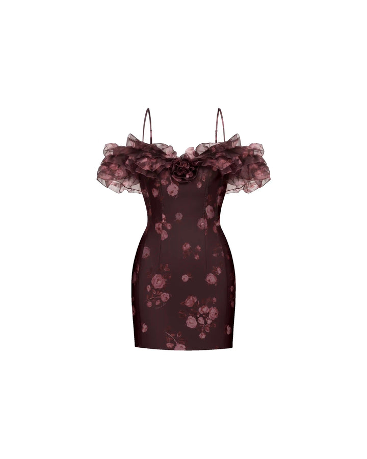 May mini, burgundy organza mini dress with floral print, ruffles, and a rose