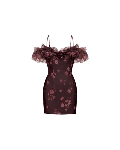 May mini, burgundy organza mini dress with floral print, ruffles, and a rose