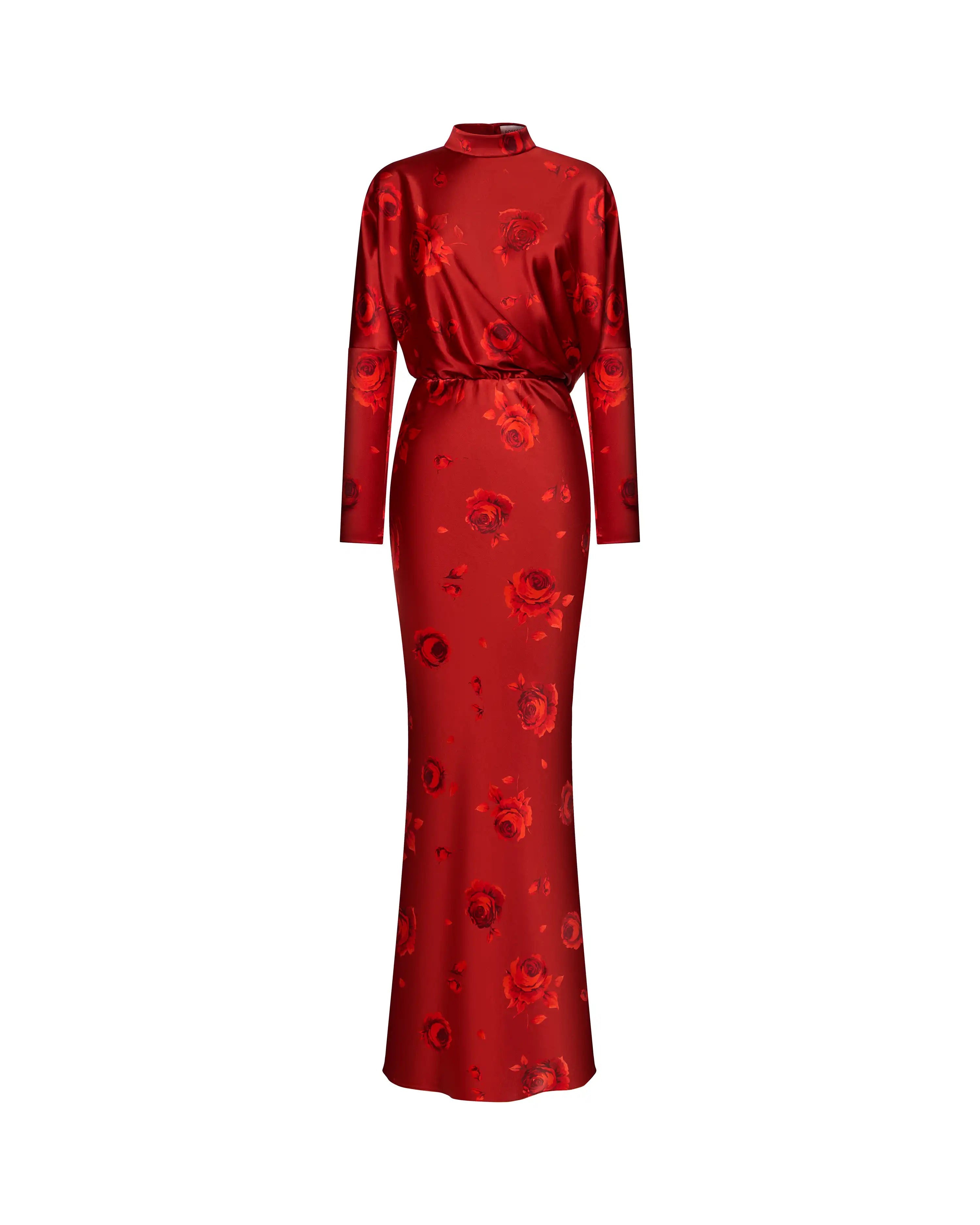 Anita maxi, burgundy satin maxi dress with a floral print