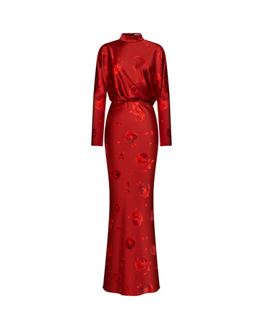 Anita maxi, burgundy satin maxi dress with a floral print