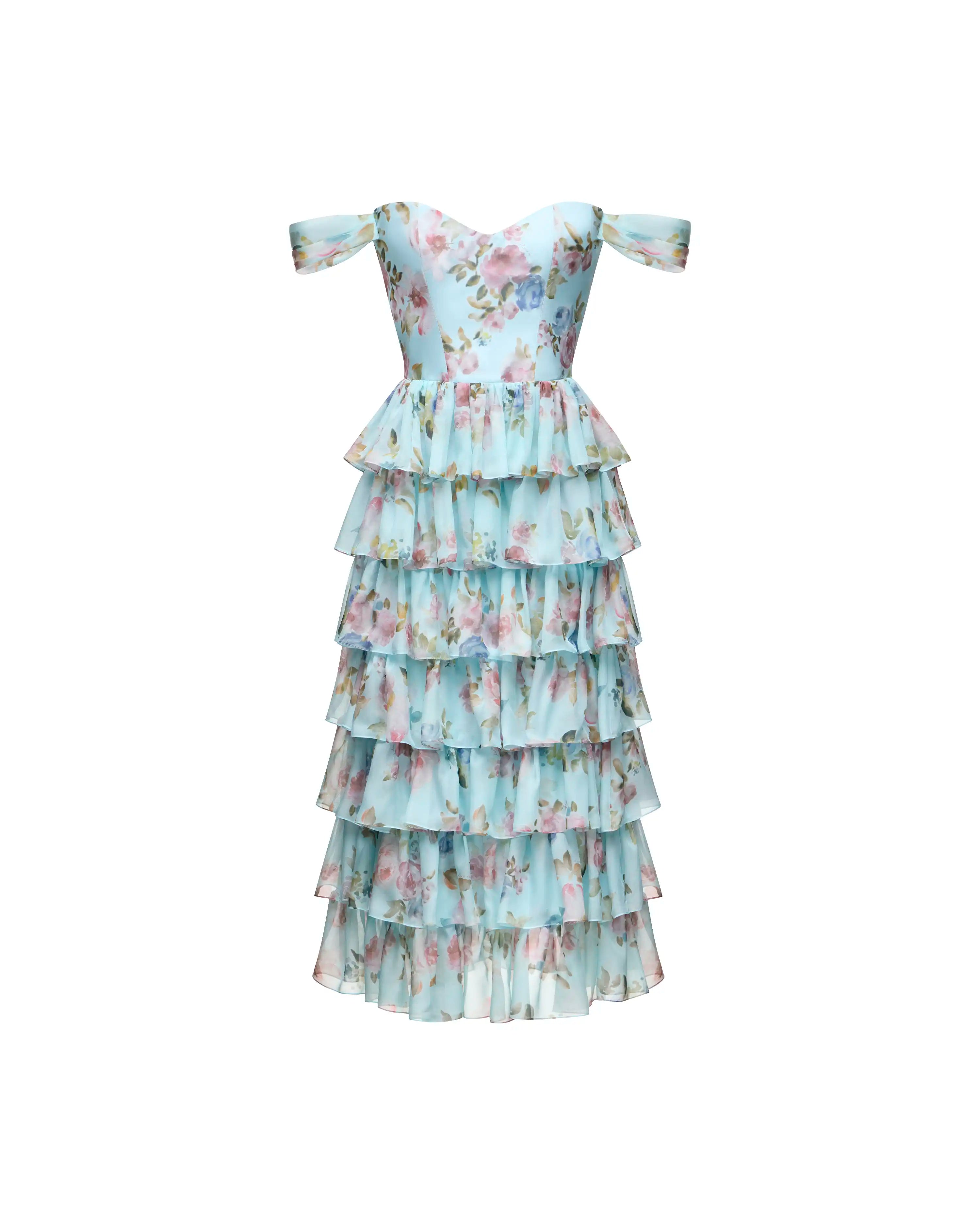 Lisen midi, blue chiffon corset midi dress with a floral print