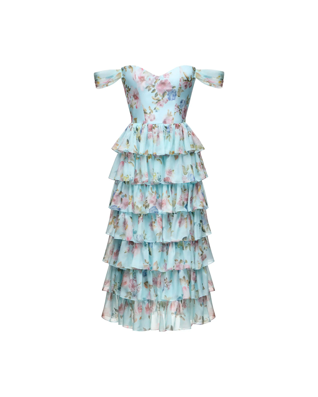 Lisen midi, blue chiffon corset midi dress with a floral print – ROSES LACE