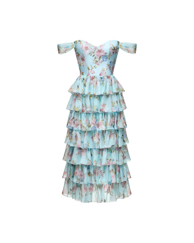 Lisen midi, blue chiffon corset midi dress with a floral print