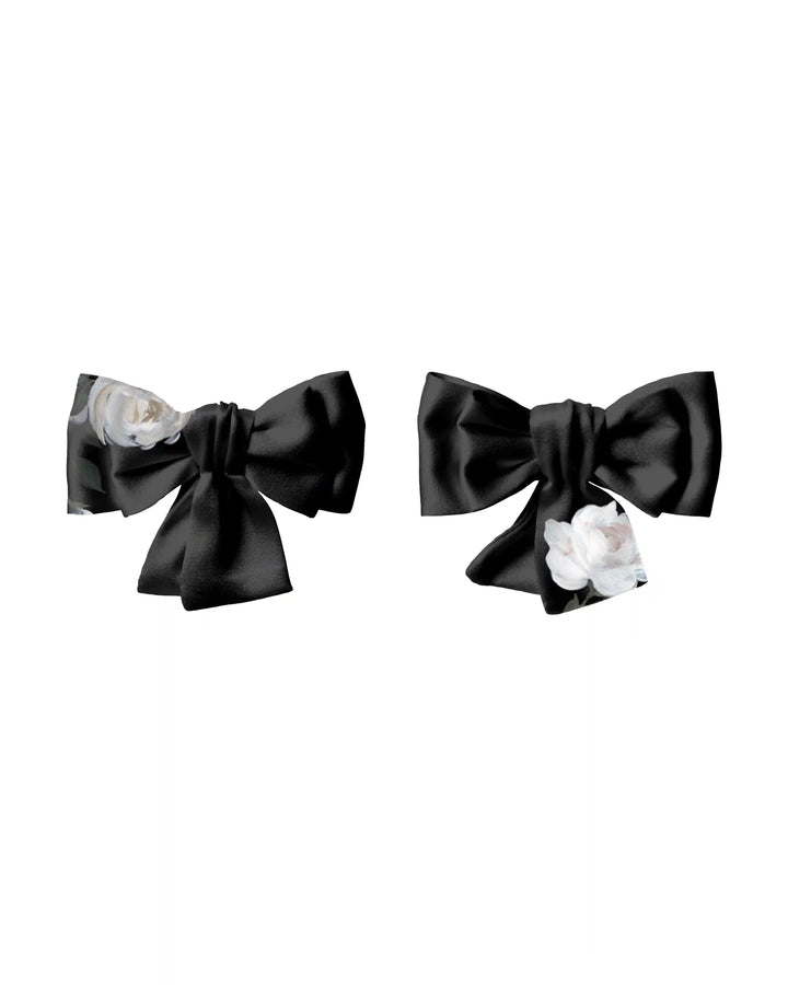 Mimi, children's hair bows made of black satin with floral print