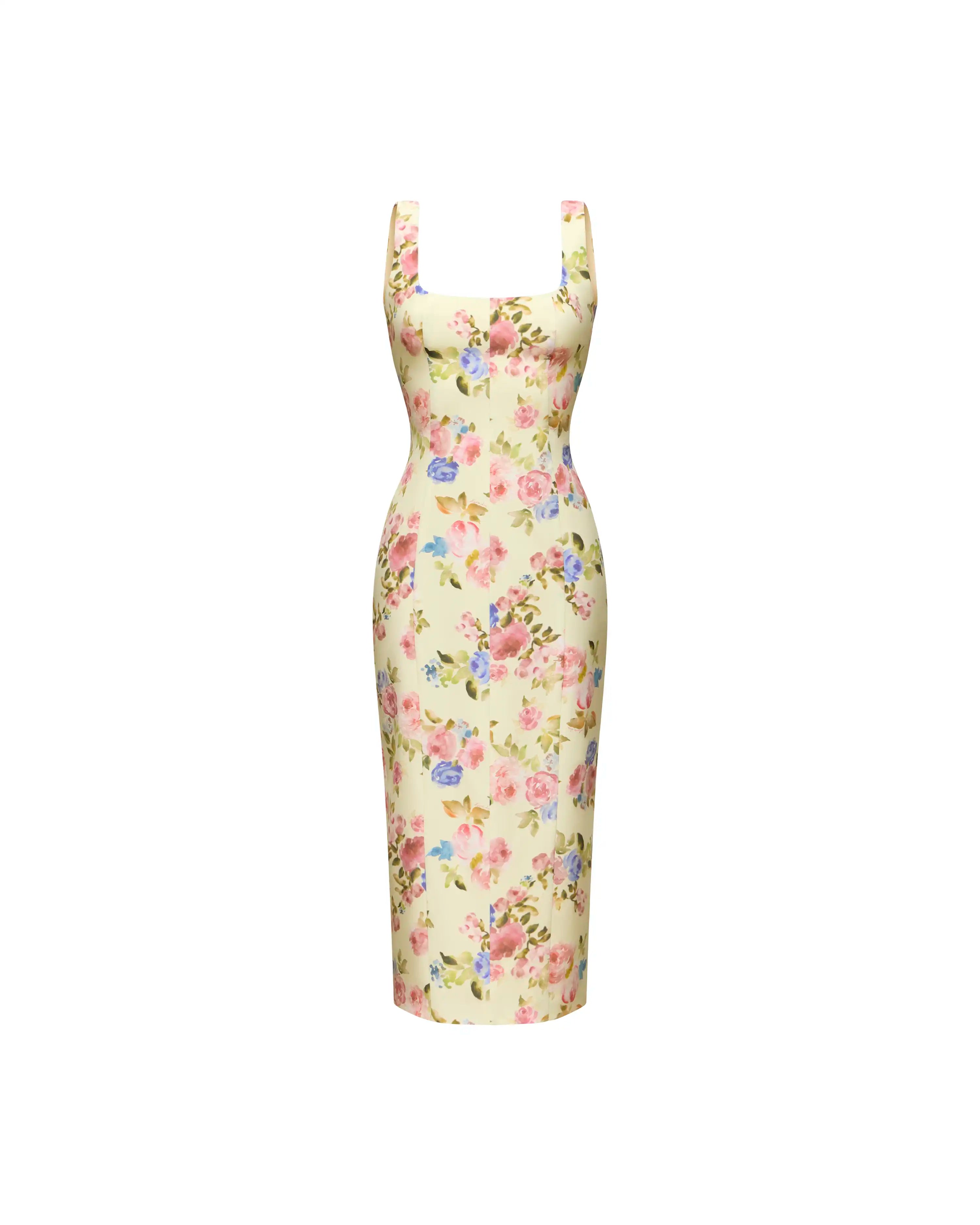 Lee midi, midi dress in pale yellow crepe de chine with a floral print
