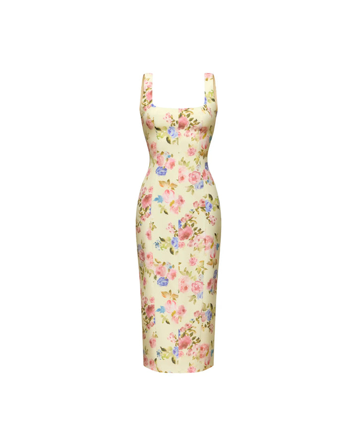 Lee midi, midi dress in pale yellow crepe de chine with a floral print
