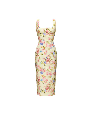 Lee midi, midi dress in pale yellow crepe de chine with a floral print