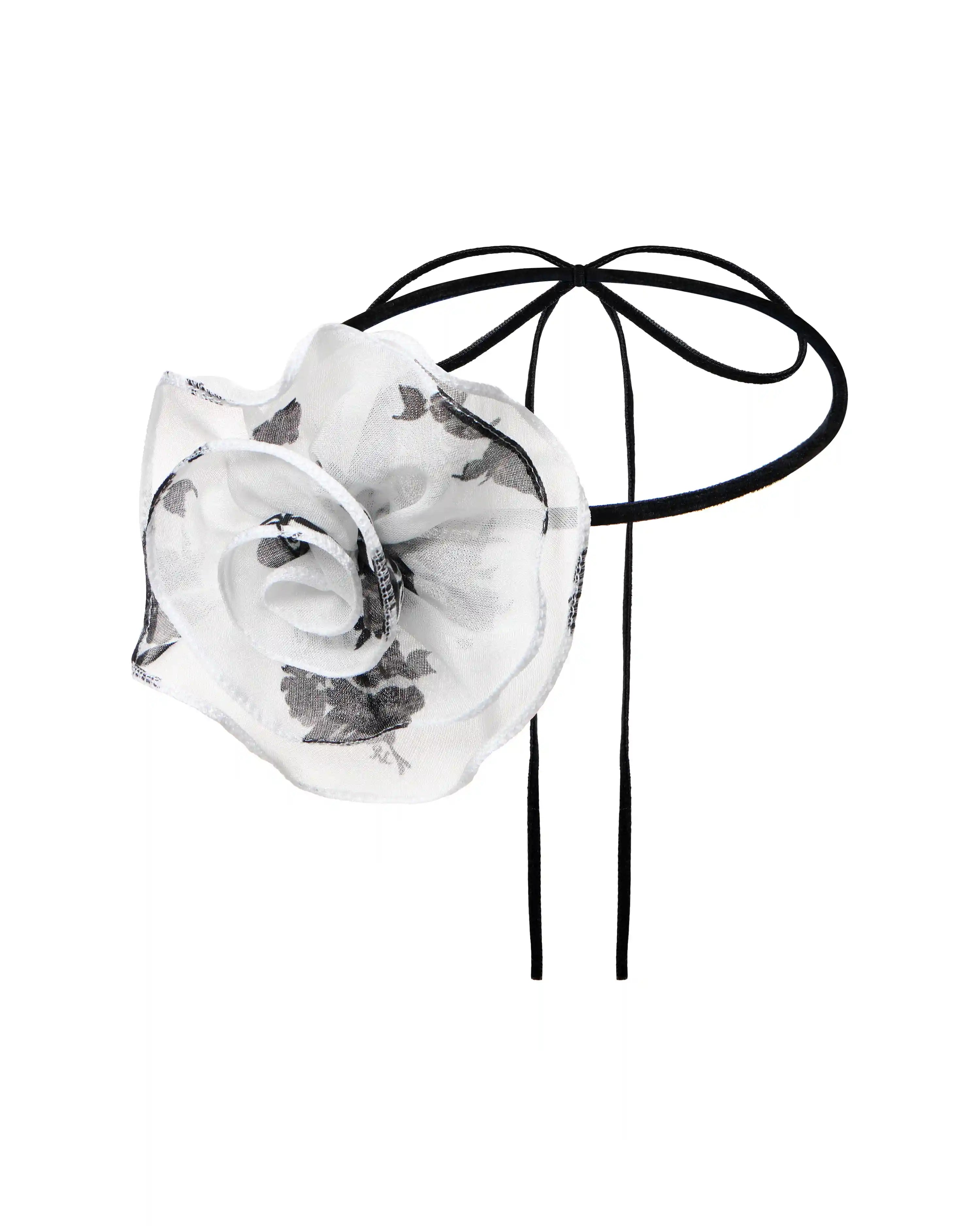 Lydia, choker with a rose made of ivory chiffon with a floral print and a velvet ribbon, adjustable