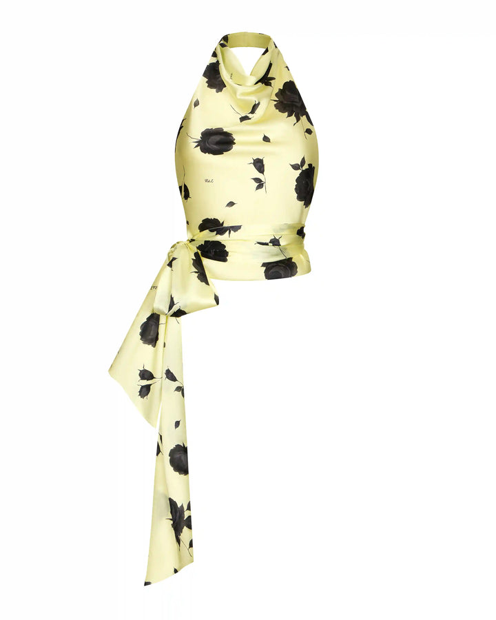 Eliana, top made of yellow satin with gray flowers
