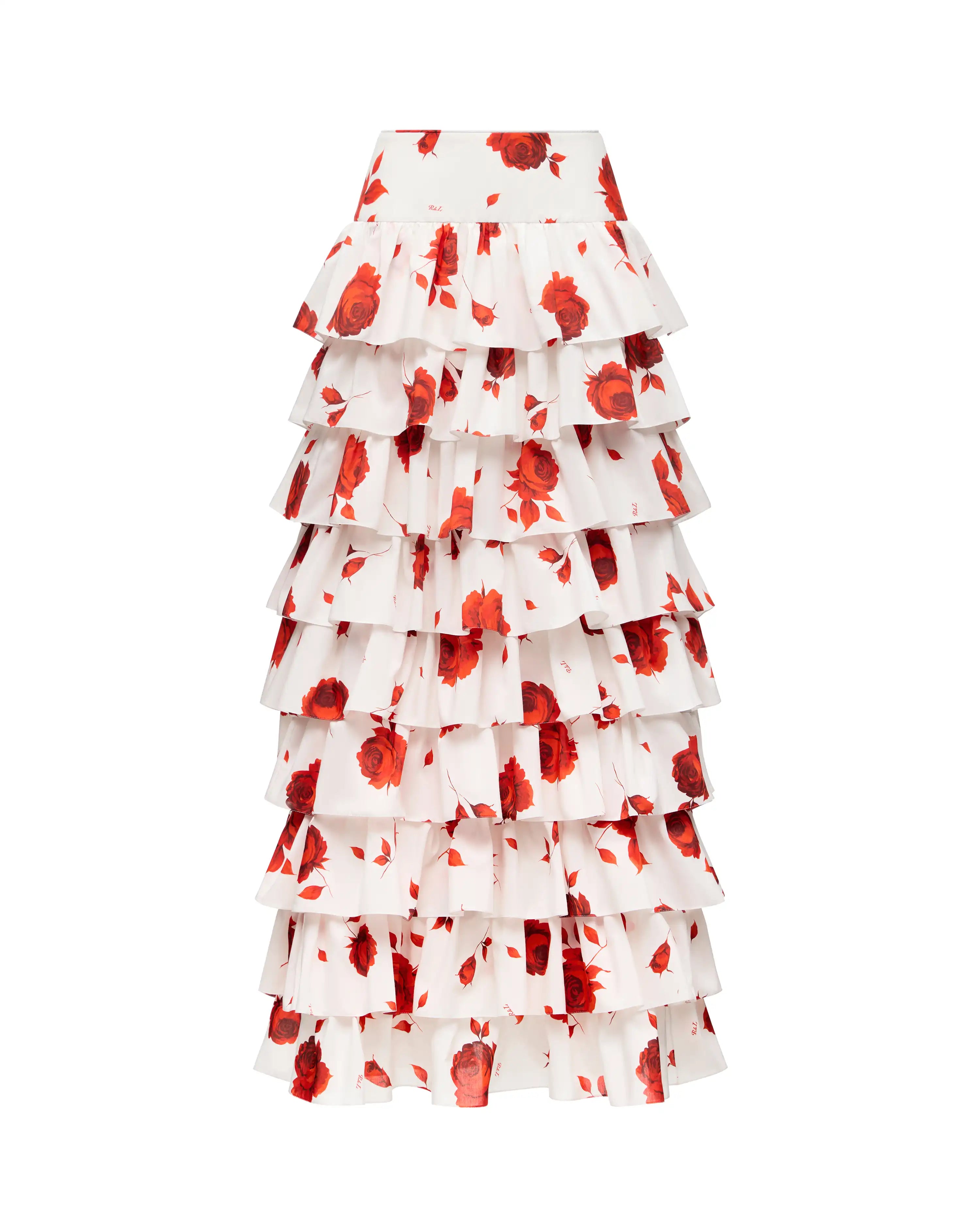 Carmelita maxi, milky batiste ruffled maxi skirt with a floral print
