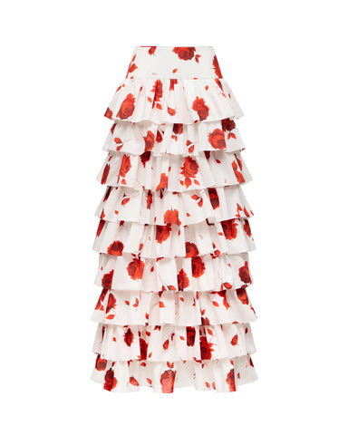 Carmelita maxi, milky batiste ruffled maxi skirt with a floral print