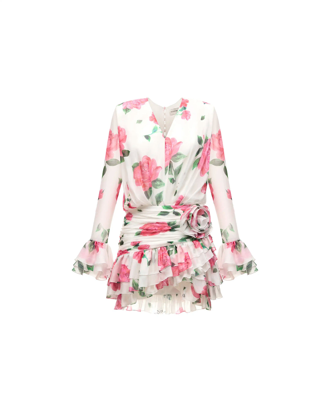Mira mini, chiffon mini dress in milky with large raspberry flowers