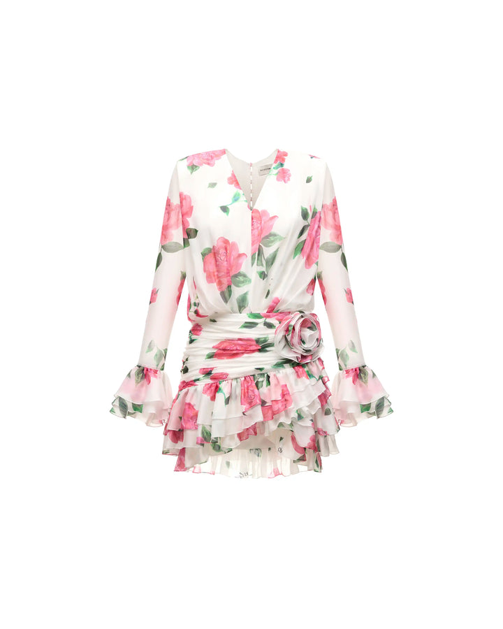 Mira mini, chiffon mini dress in milky with large raspberry flowers