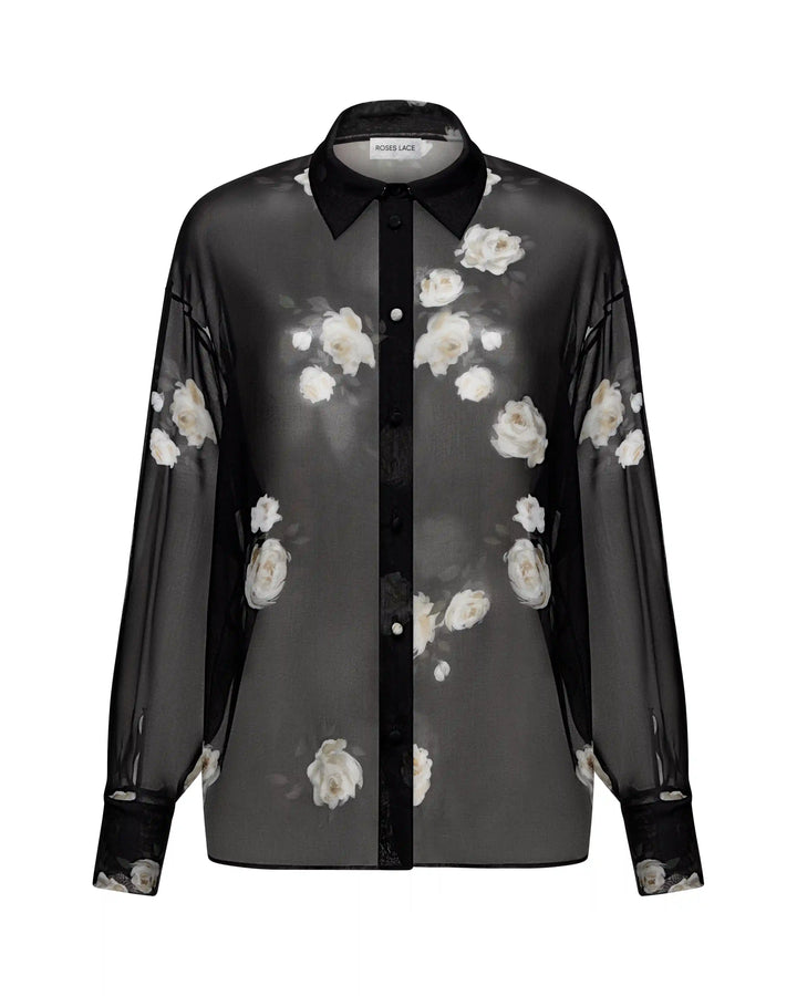Harper, shirt made of black chiffon with floral print