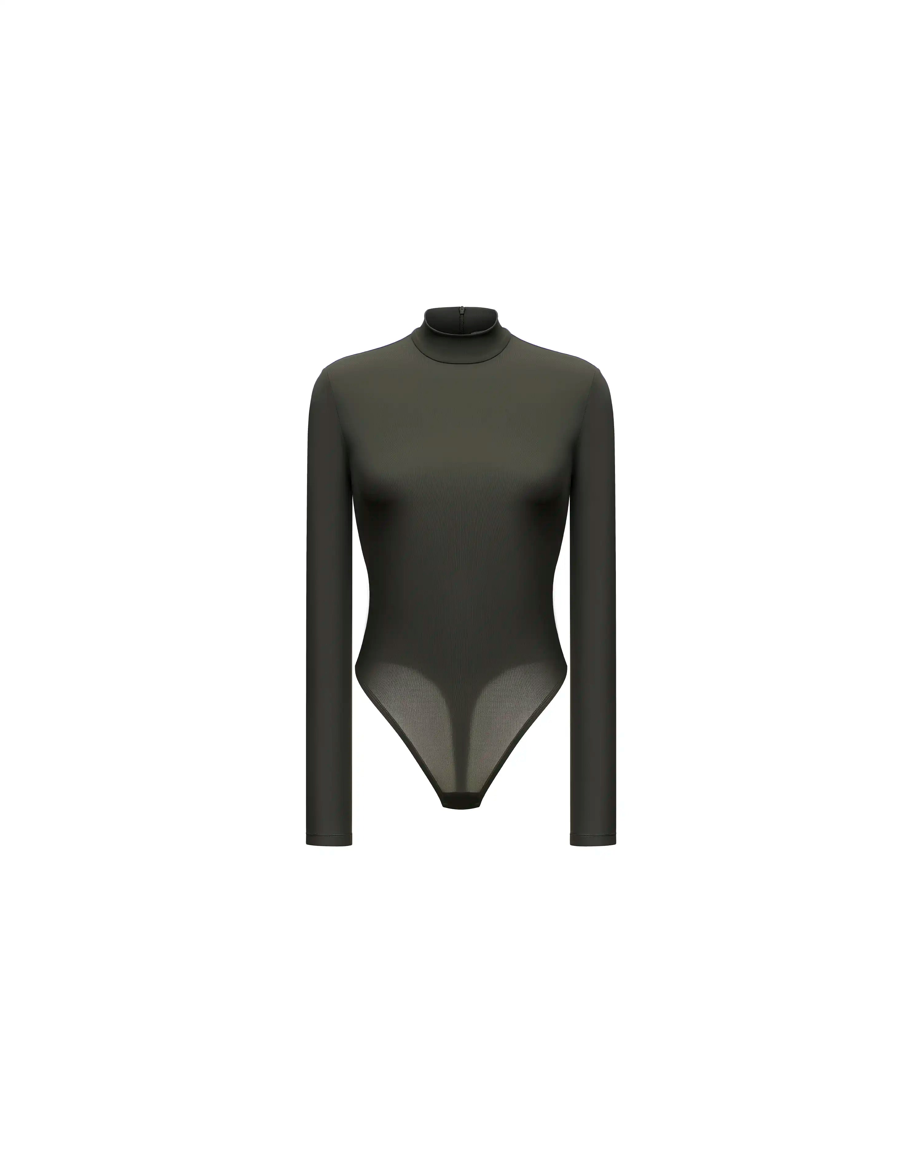 Madi, khaki biflex bodysuit turtleneck