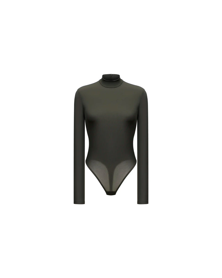 Madi, khaki biflex bodysuit turtleneck