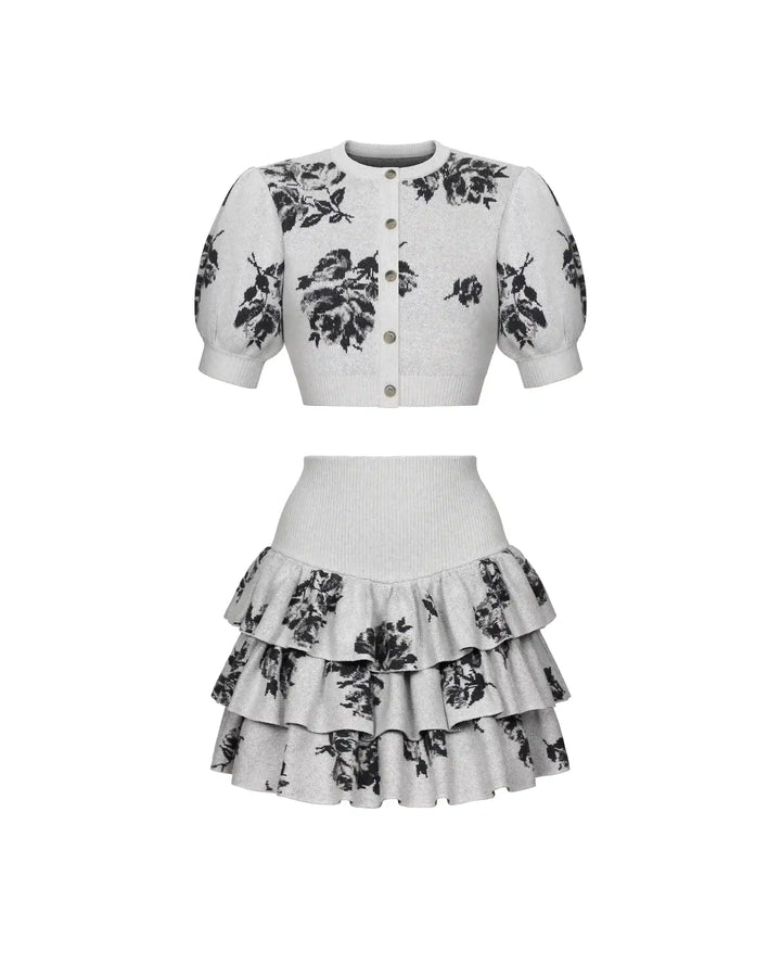 Charlize-Becky, knitted set made of gray cotton with floral print