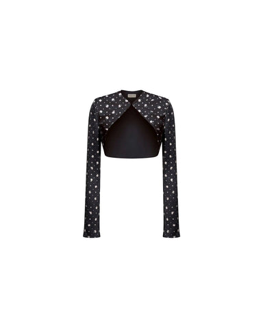 Cherry, jacket in black satin with a floral print
