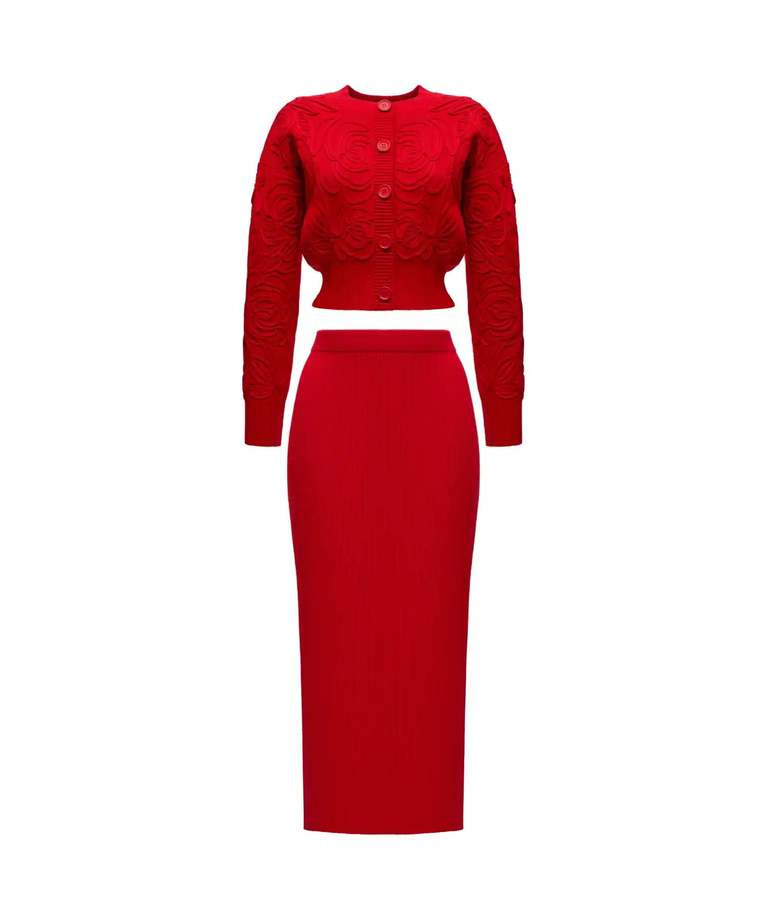 Maryl-Donna, knitted set, sweater and skirt made of red cotton