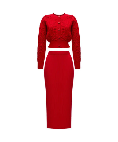 Maryl-Donna, knitted set, sweater and skirt made of red cotton
