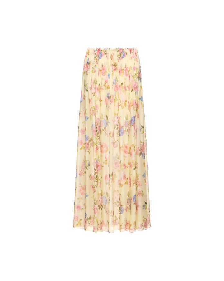 Iya maxi, maxi skirt in pale yellow chiffon with a floral print