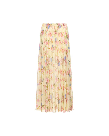 Iya maxi, maxi skirt in pale yellow chiffon with a floral print
