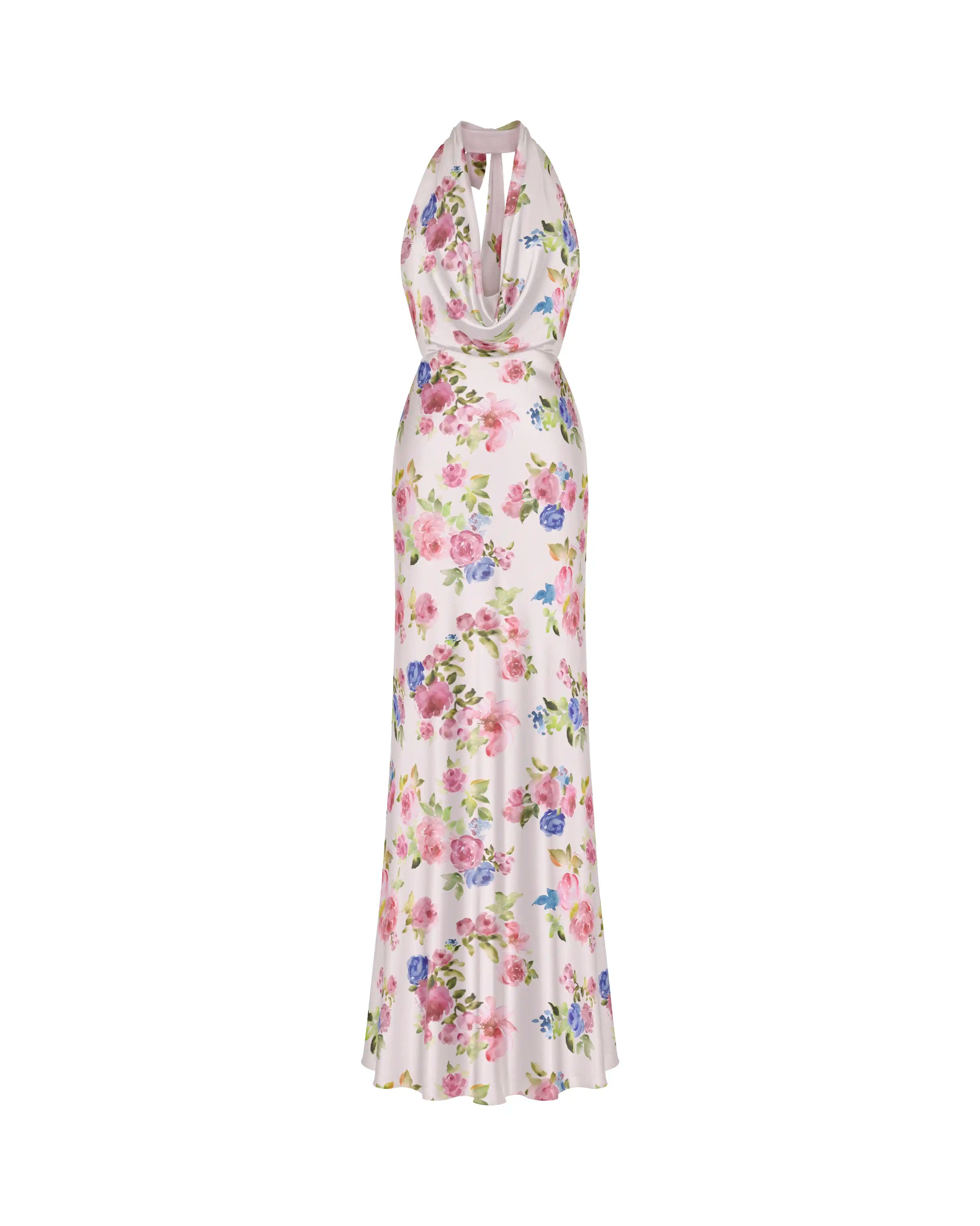 Alia maxi, maxi dress in light pink satin with a floral print